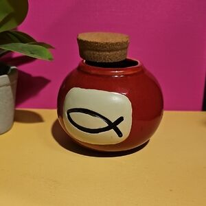 Red Ceramic Jar with Black Fish Design